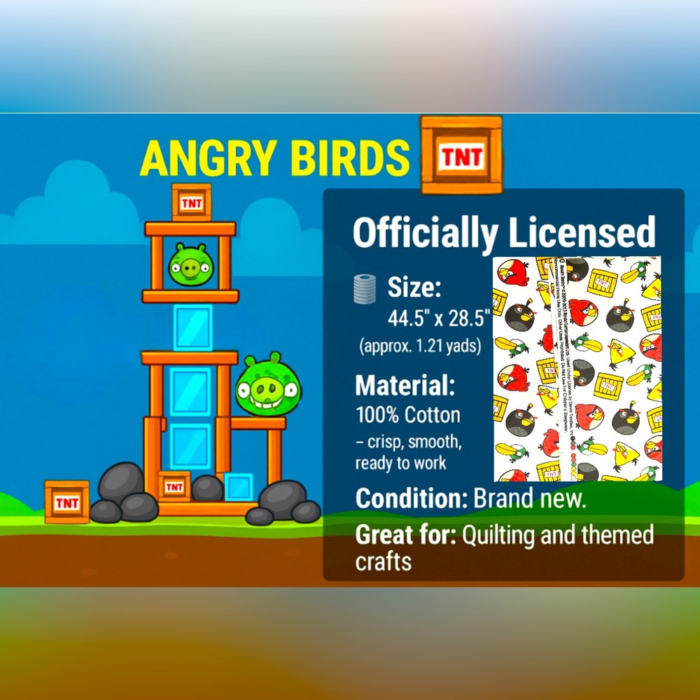 Angry Birds TNT Cotton Fabric NWOT – 44.5” x 28.5” Retired Print